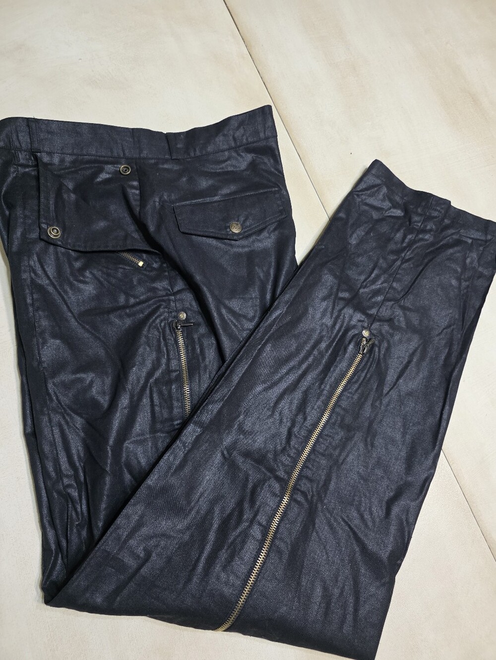 Vintage 80s Cotler Coated Black Side Zip Straight-Leg Pants. Modern Size 32x33